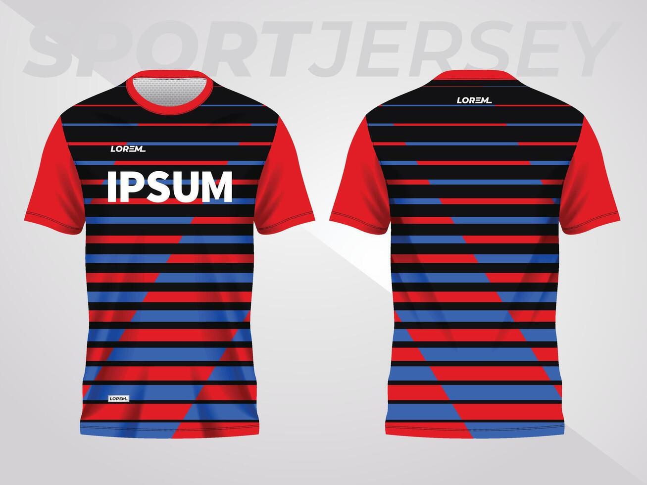 red and blue sport jersey mockup design for soccer, football, racing, gaming, motocross, cycling, and running. front and back view template vector