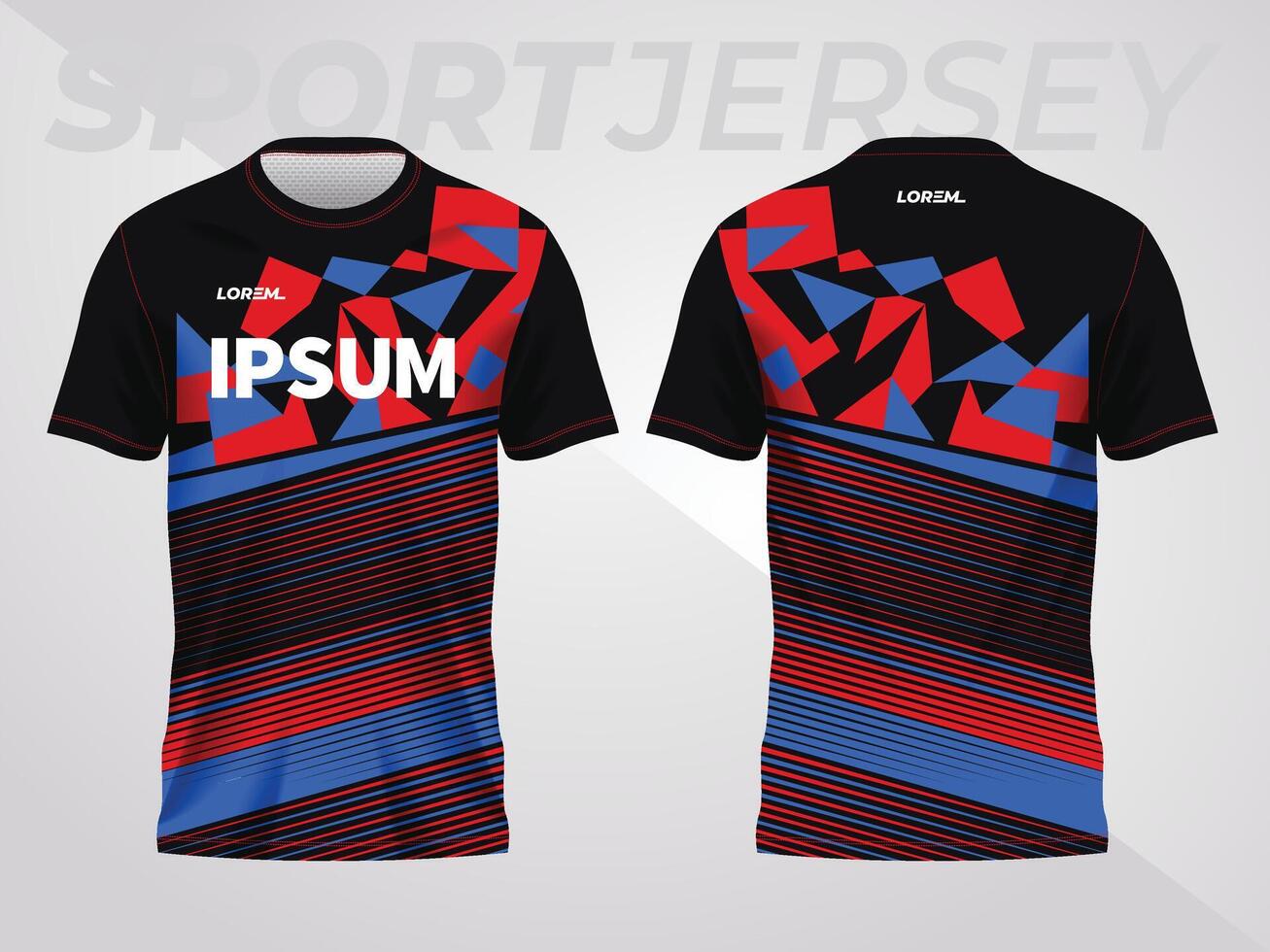 red and blue sport jersey mockup design for soccer, football, racing, gaming, motocross, cycling, and running. front and back view template vector