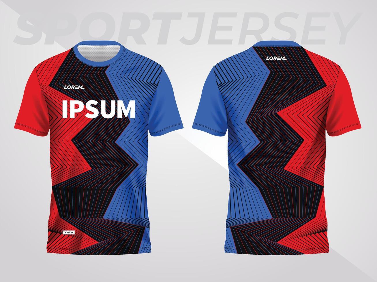red and blue sport jersey mockup design for soccer, football, racing, gaming, motocross, cycling, and running. front and back view template vector