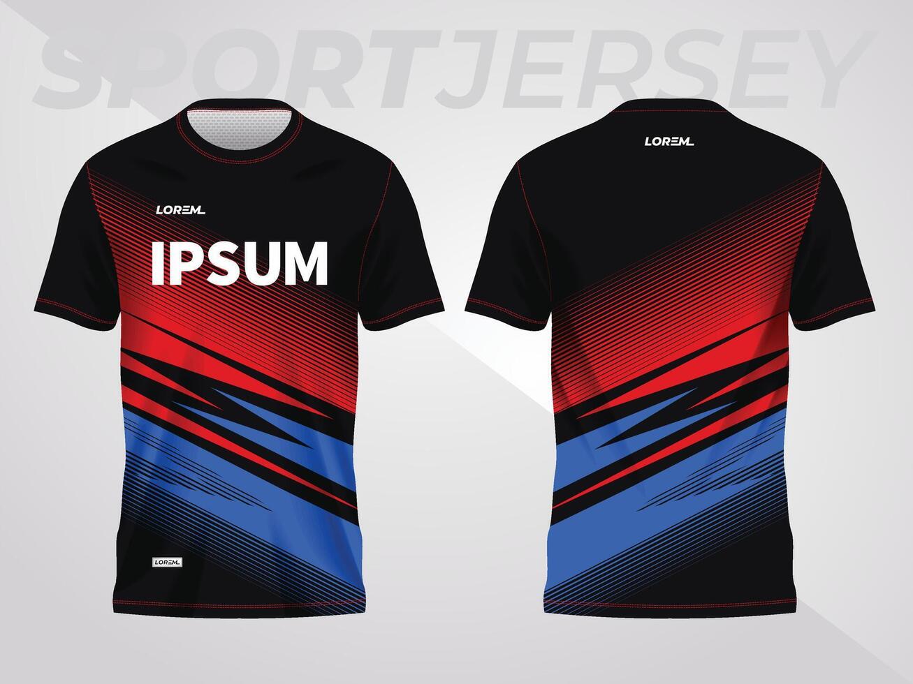 red and blue sport jersey mockup design for soccer, football, racing, gaming, motocross, cycling, and running. front and back view template vector
