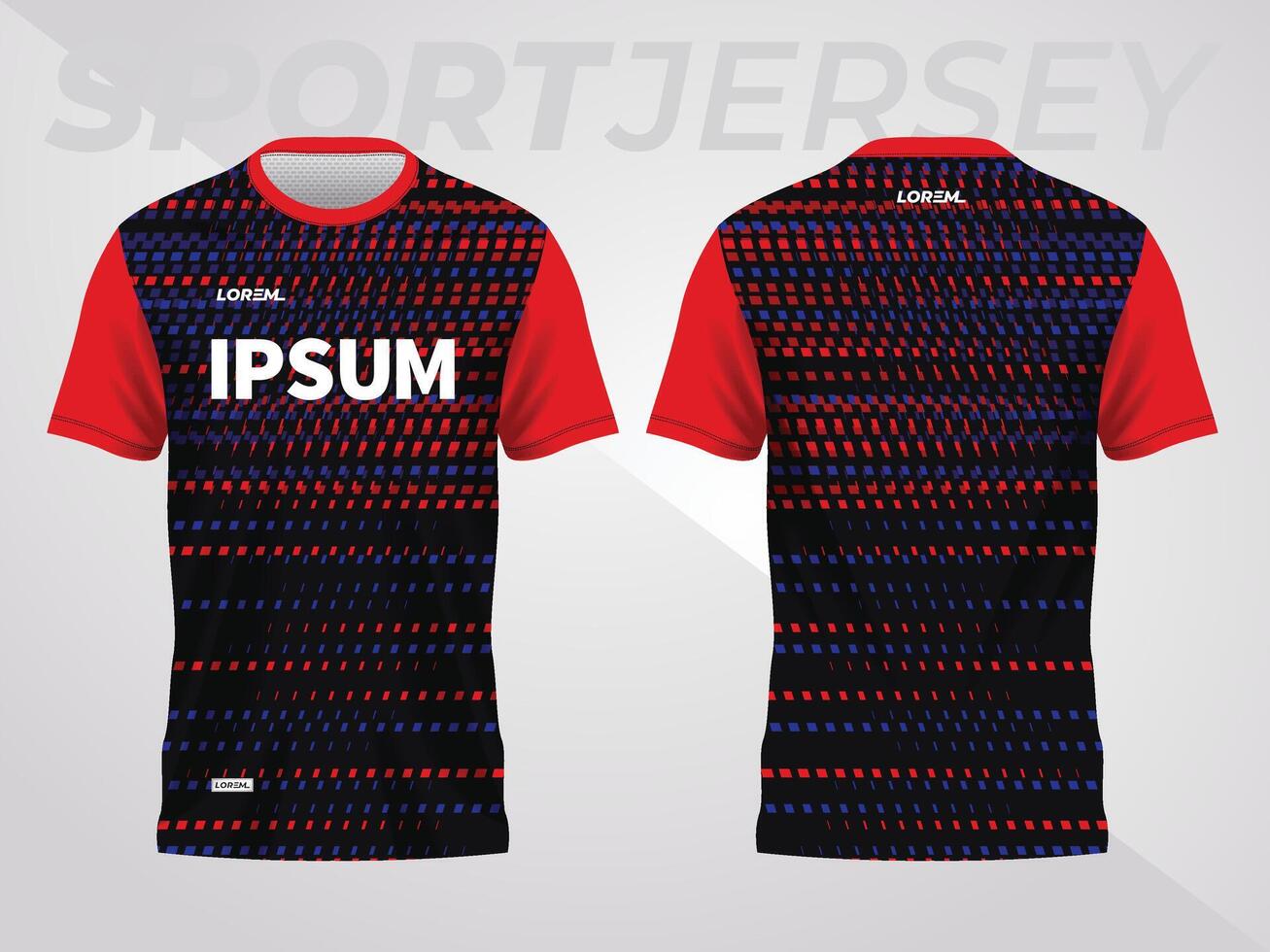 red and blue sport jersey mockup design for soccer, football, racing, gaming, motocross, cycling, and running. front and back view template vector