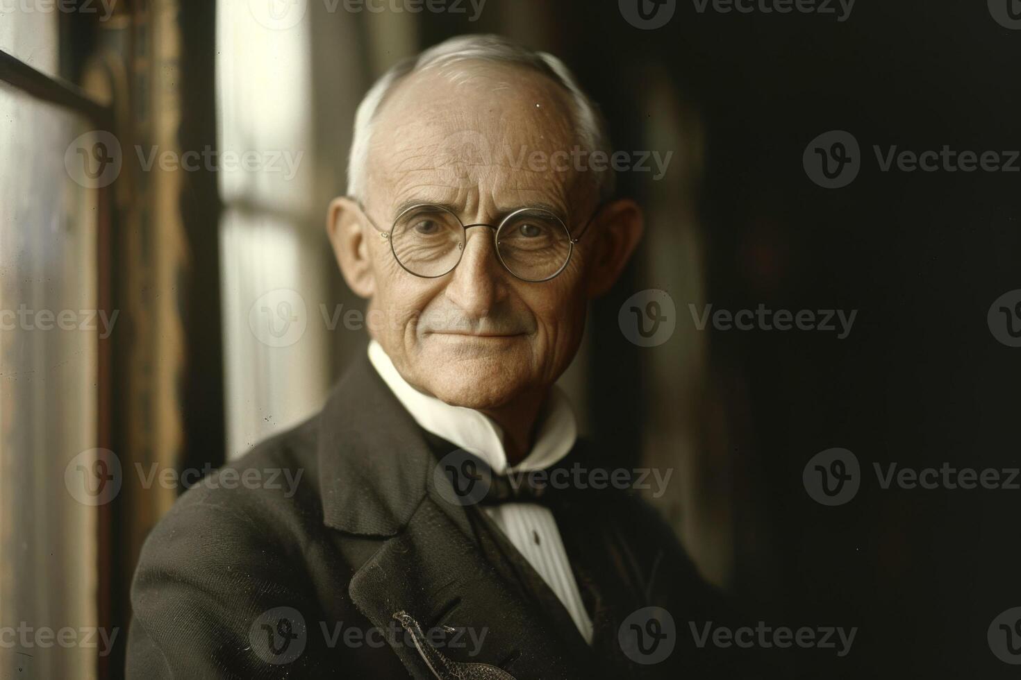AI generated Elderly male inventor portrait showing historic vintage suit and intelligent glasses photo