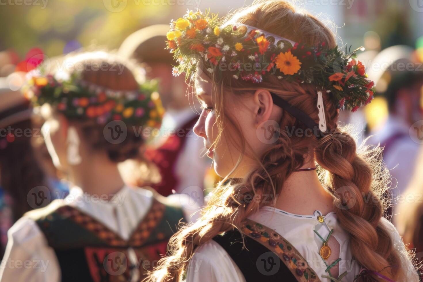 AI generated Oktoberfest in Blumenau with women wearing traditional festival dirndl and flower wreaths photo
