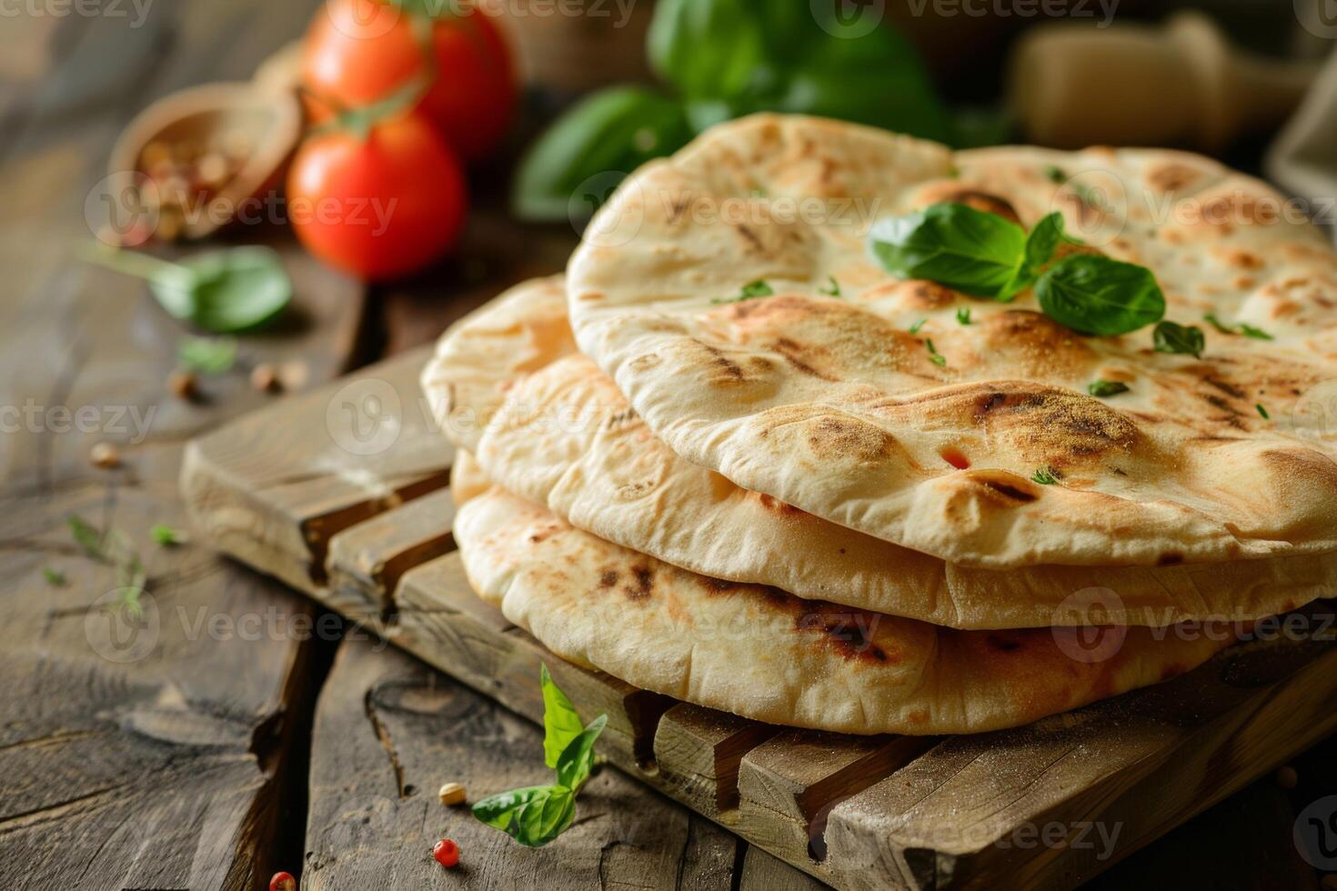AI generated Pita bread on a wooden board with tomatoes basil and spices in a rustic culinary setting photo