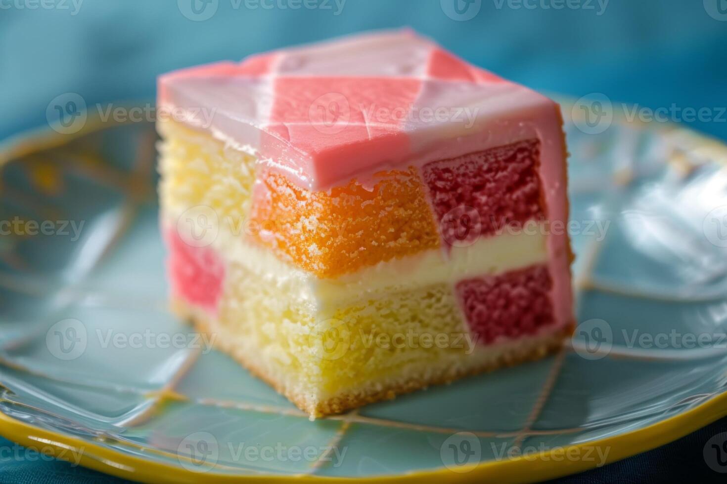 AI generated Close-up of a Battenberg cake with checkered sponge and pink marzipan on a plate photo