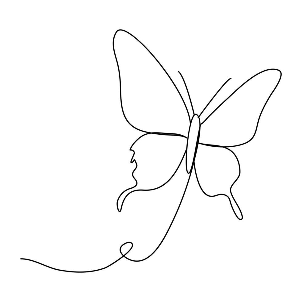 Continuous one line butterfly outline vector isolated on white background. Vector Illustration