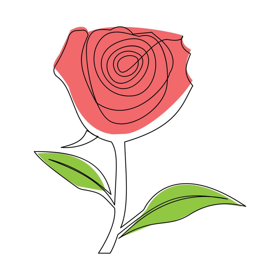 Continuous one line red rose flower outline vector art illustration on white background Pro Vector