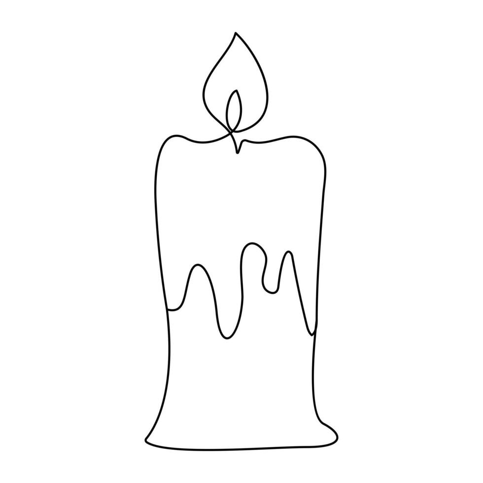 Burning fire candle continuous one line drawing vector isolated on white. Vector illustration.