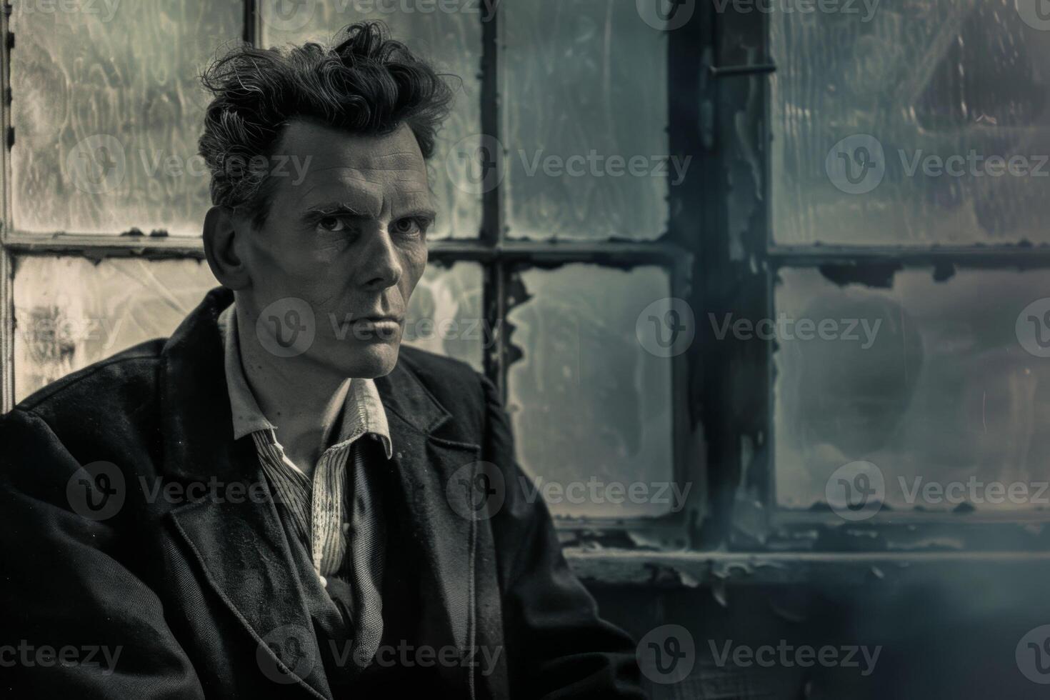 AI generated Philosopher portrait depicts a contemplative vintage moody intellectual thinker by a window photo