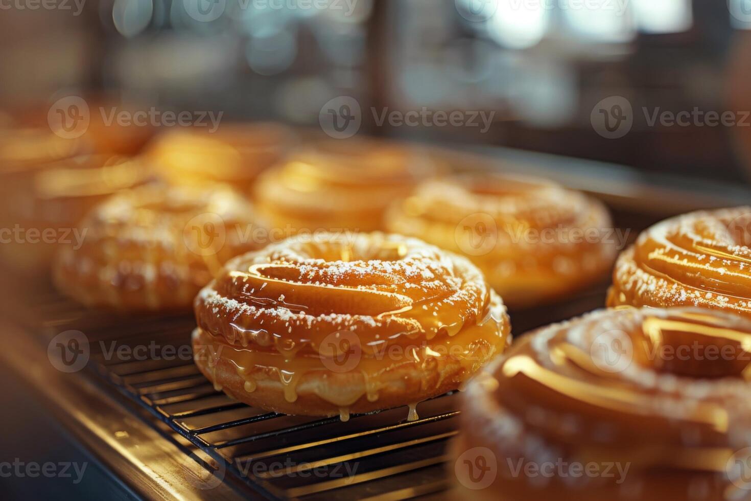 AI generated Golden glazed French crullers on display, tantalizing pastry treats from the bakery photo