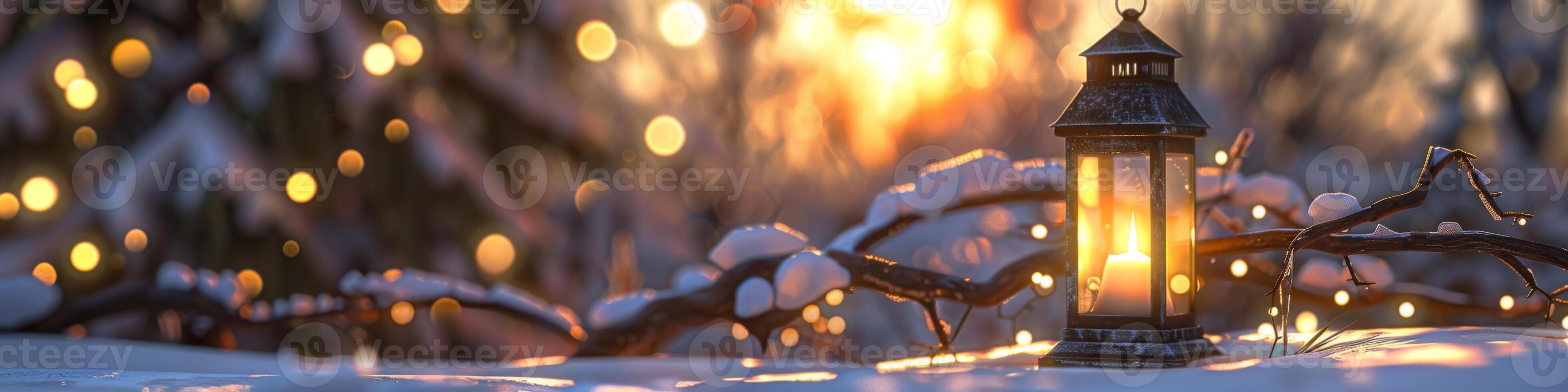 AI generated Luminous lantern in the tranquil winter snow with light illuminating dusk branches photo