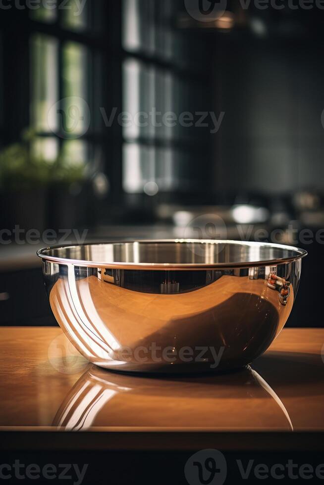 AI generated Side view of a steel mixing bowl on the kitchen table photo