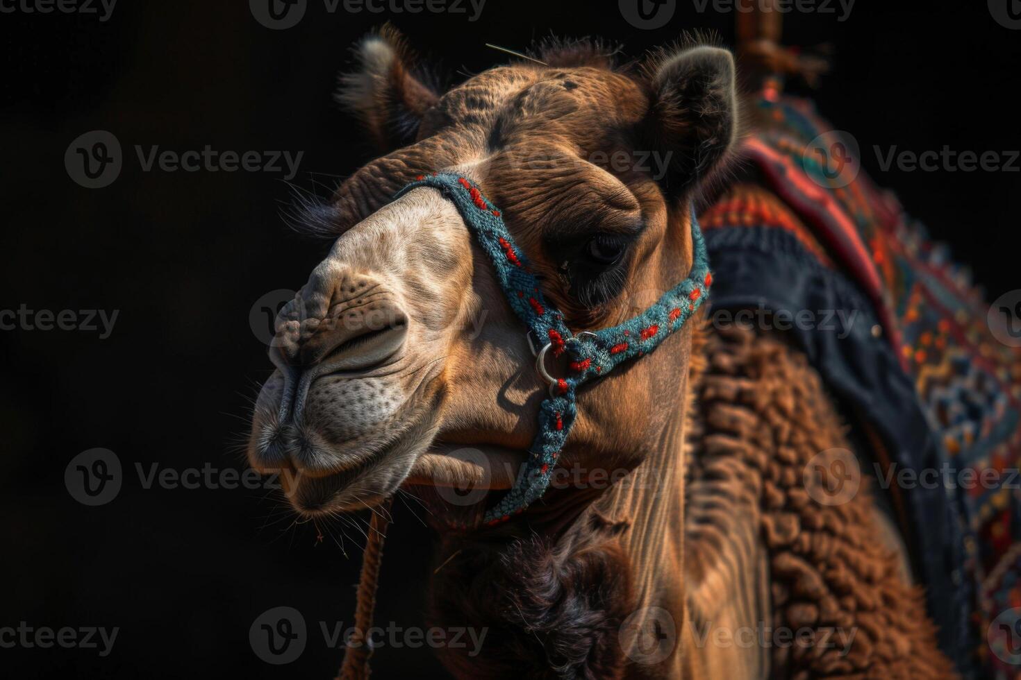 ai generado camello granja animal perfil con florido brida y ensillar en de cerca foto