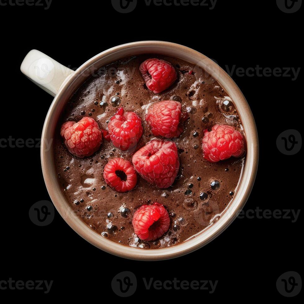 AI generated A dark chocolate raspberry cake in a mug on a dark background photo