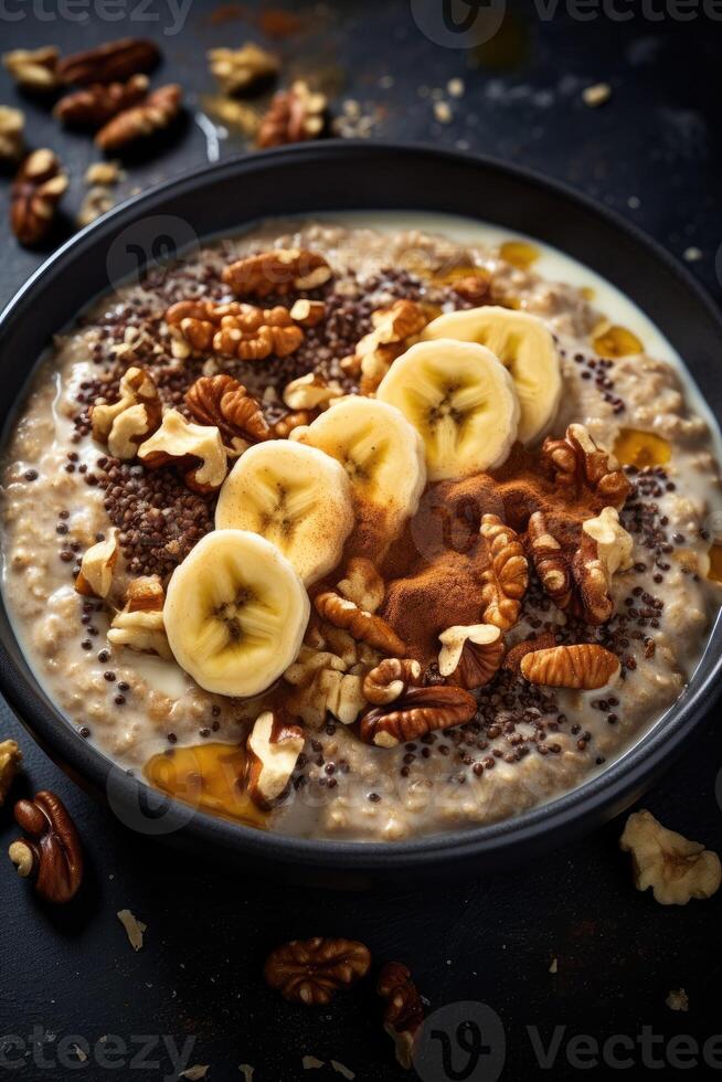 AI generated Breathtaking banana walnut honey porridge with chia seeds photo