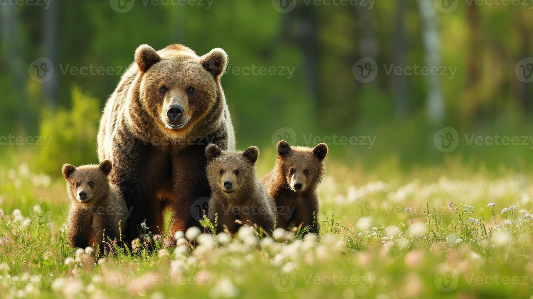 ai generado marrón oso madre con cachorros en el salvaje en un lozano verde prado con un borroso bosque en el antecedentes foto