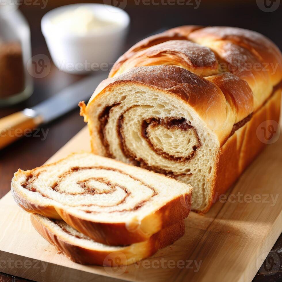AI generated Cinnamon swirl bread on a wooden board photo