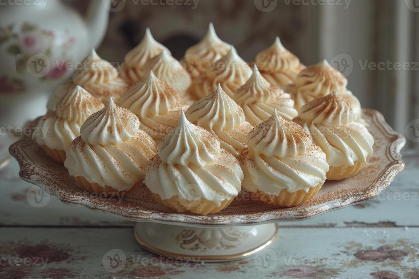 AI generated A close-up of meringues on a decorative ceramic plate photo