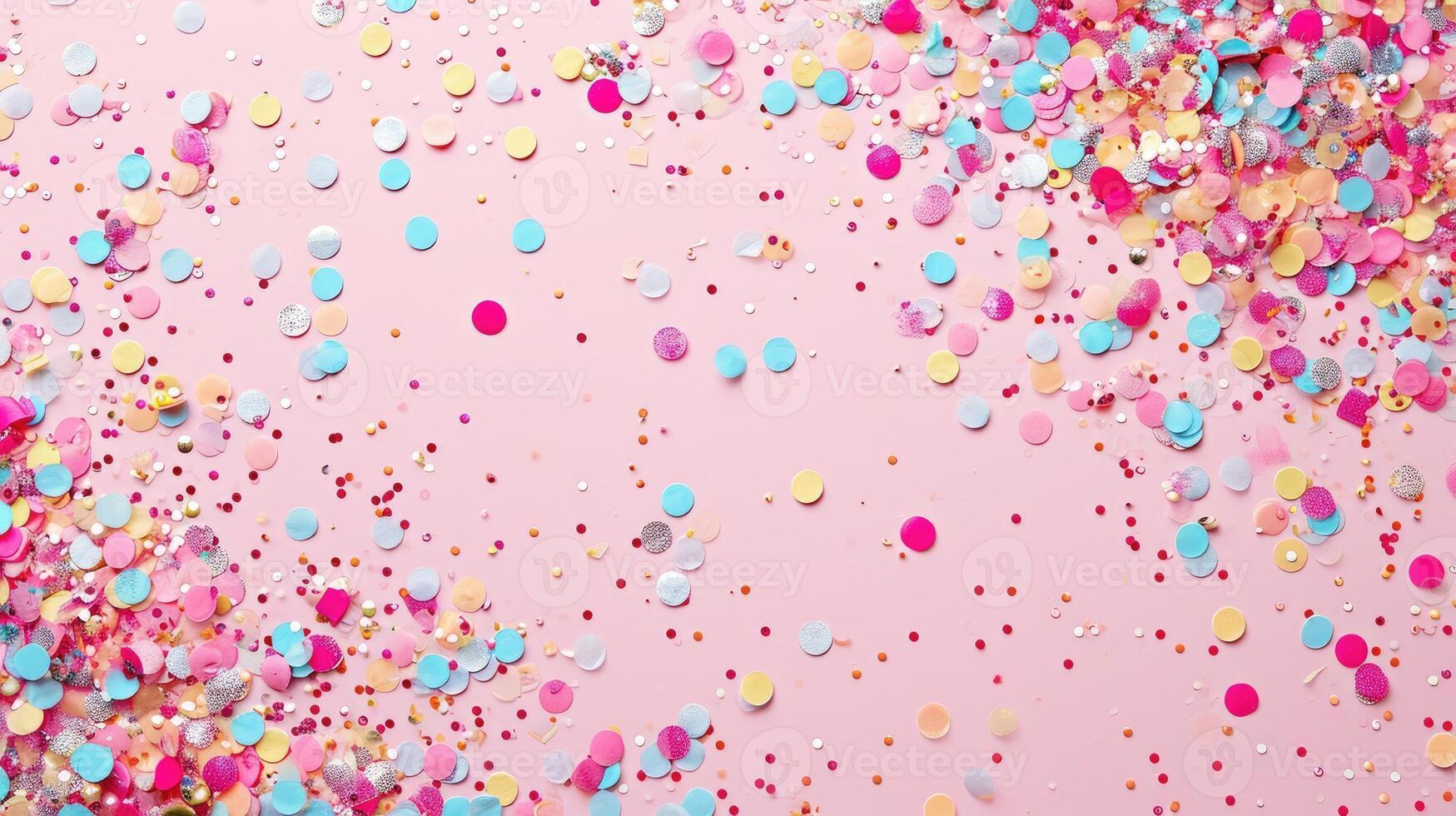 AI generated Colorful confetti and sparkling decorations scattered on a trendy pastel pink background, creating a lively and festive atmosphere. photo