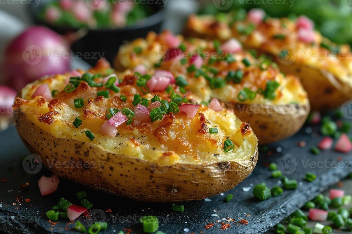 AI generated A photo of several delicious baked potatoes with onions and chives on a slate plate
