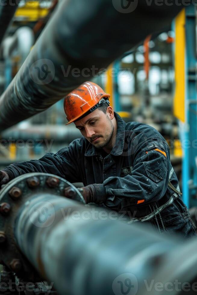 AI generated Male worker with orange helmet inspecting steel pipes in an oil and gas refinery photo