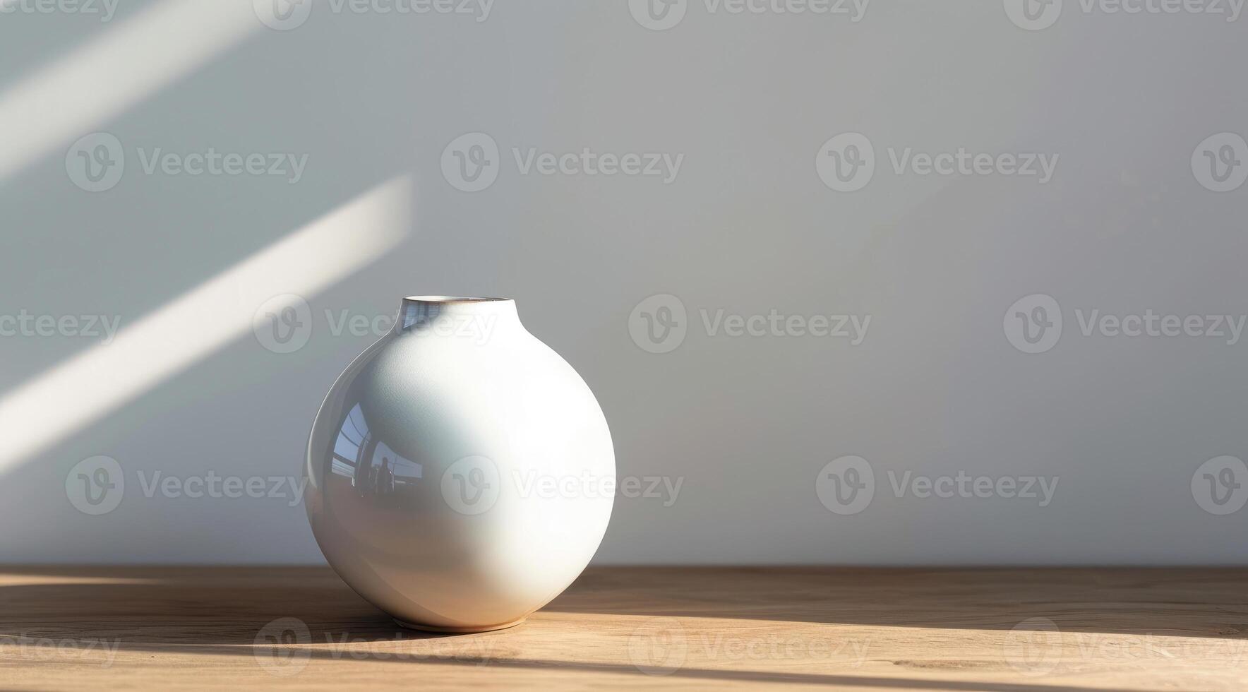 AI generated White ceramic vase on a wooden table in front of a white wall with natural sunlight photo