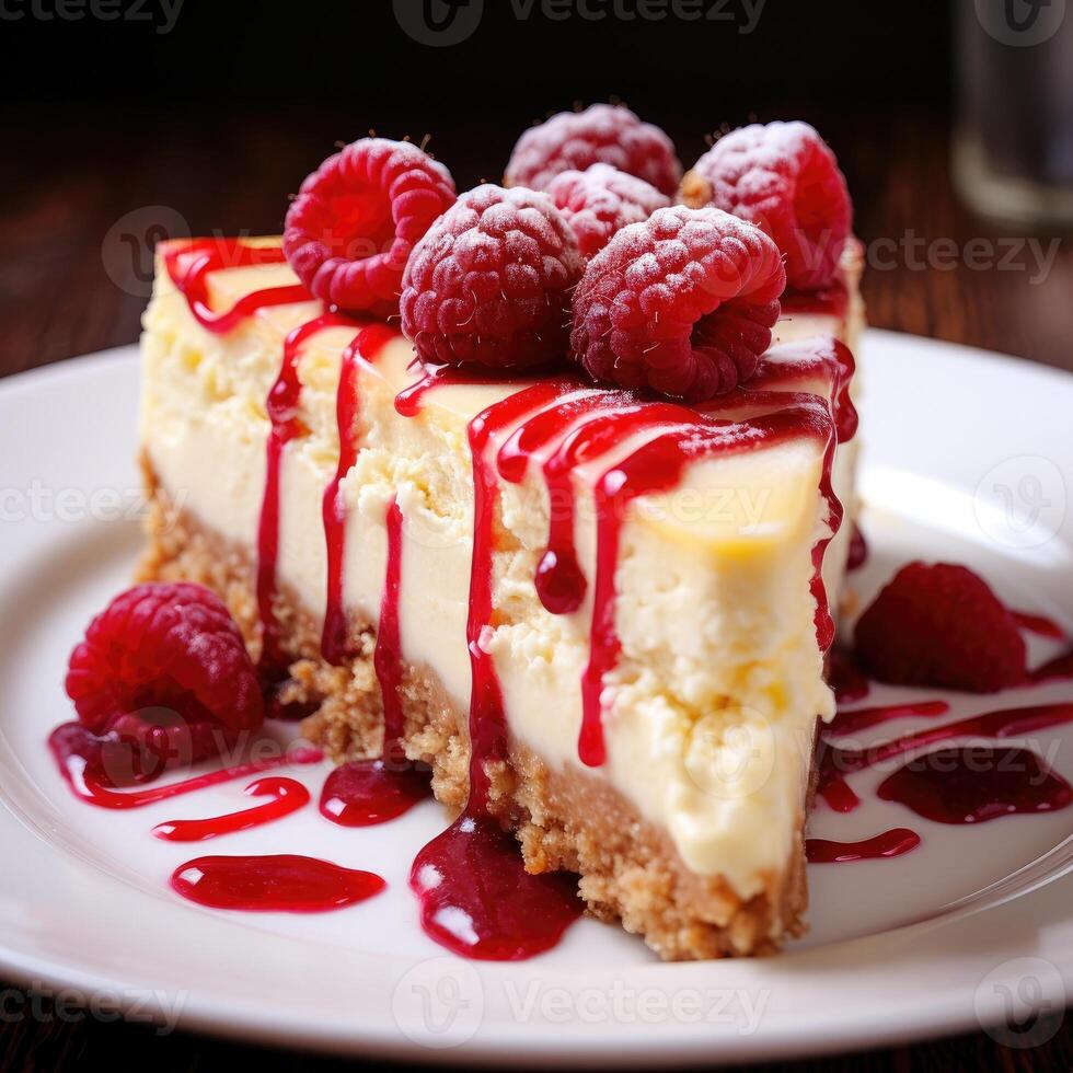 AI generated Close up of a delicious slice of raspberry cheesecake on a plate photo