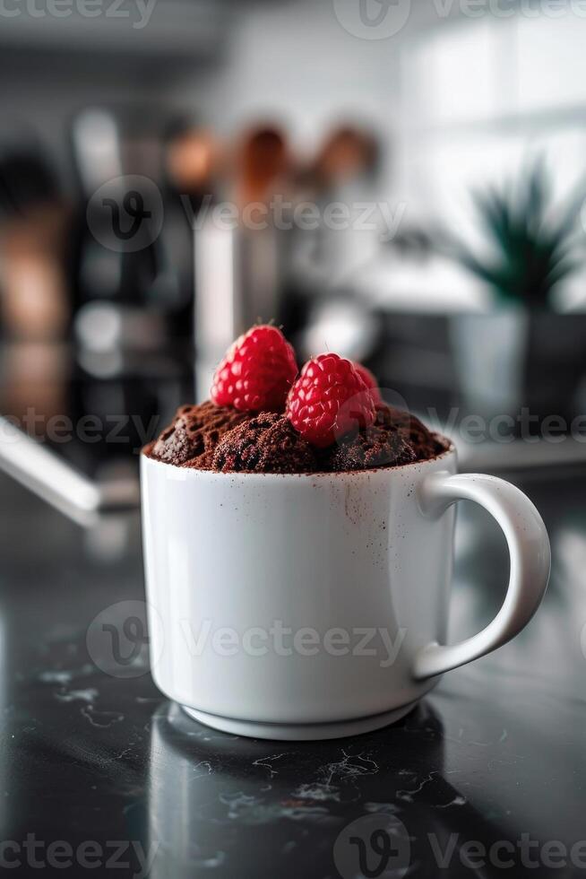 AI generated Side view of a mug with chocolate cake and raspberries in a kitchen photo