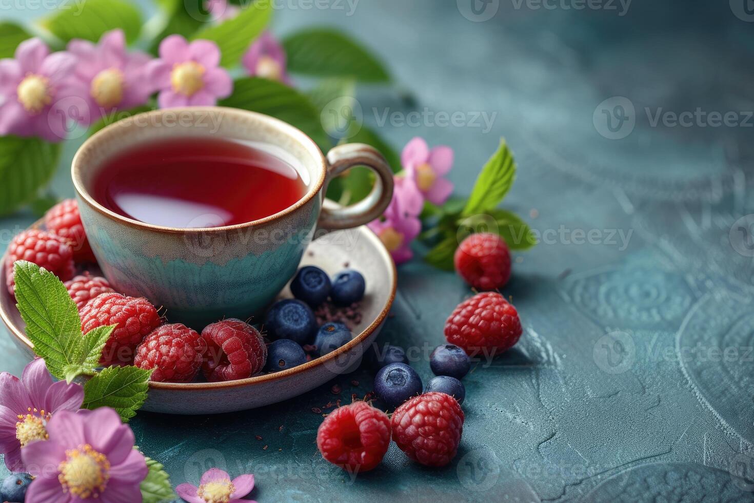 AI generated Fruit tea with raspberries, blueberries and mint on a blue background photo