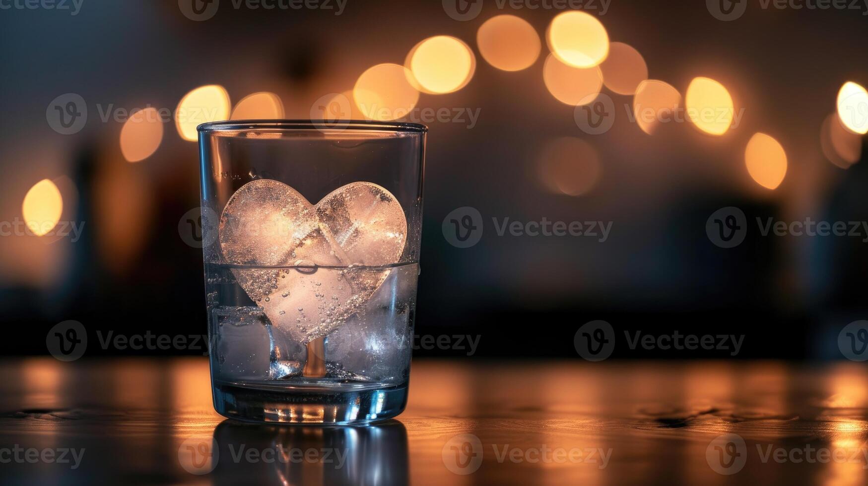 AI generated Heart shaped ice cube in a glass of water on a table in a dark room with lights in the background photo