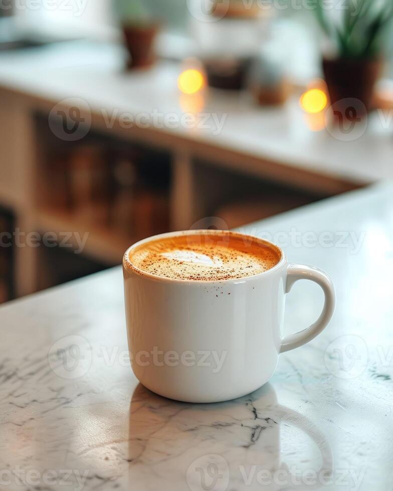 AI generated Coffee cup on a marble countertop with bokeh lights and plants in the background photo