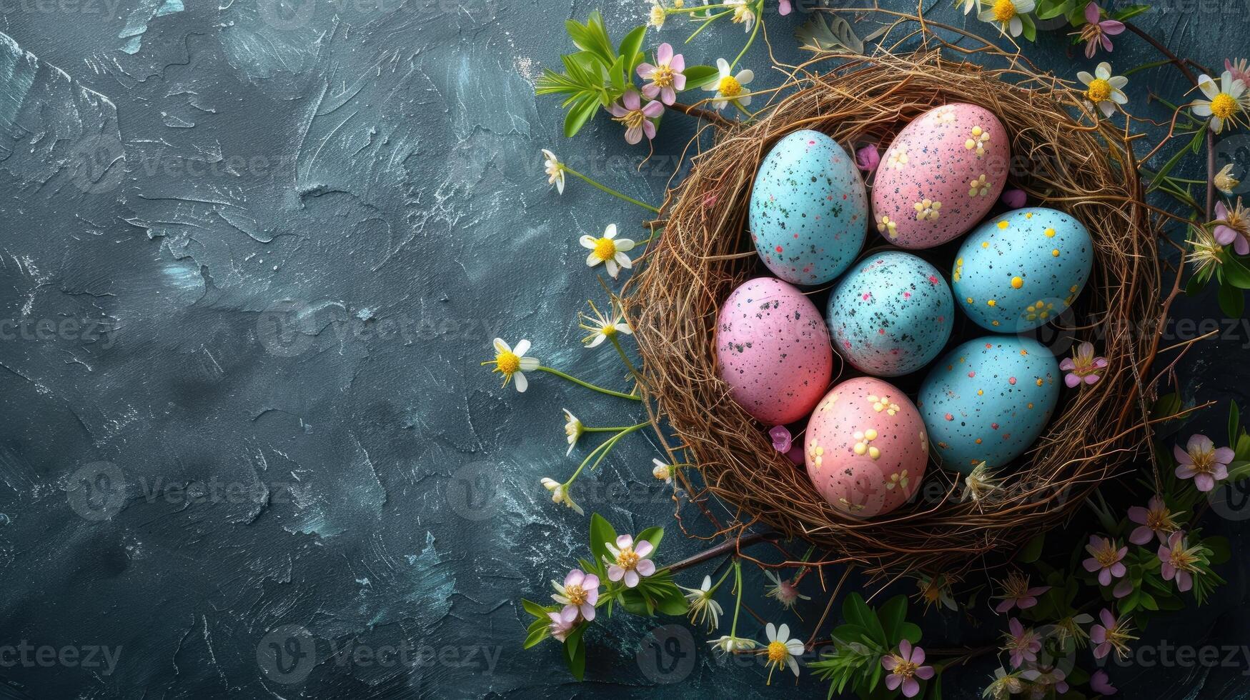 AI generated Birds nest with blue and pink Easter eggs in it surrounded by flowers on dark background with copy space photo