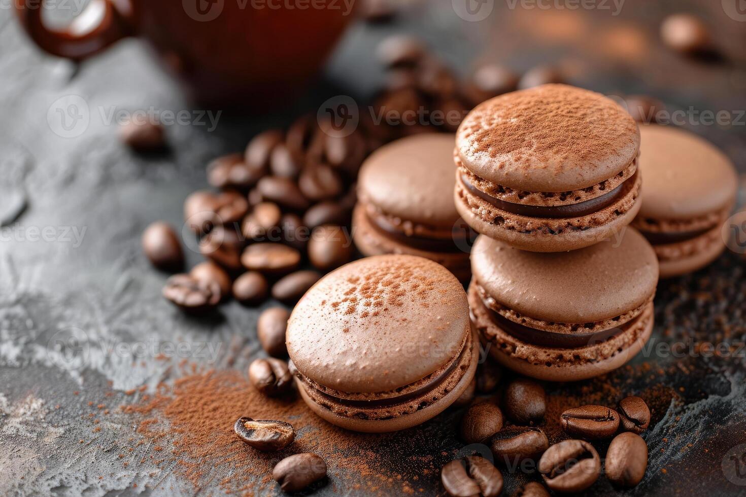 ai generado oscuro y marrón macarons espolvoreado con café polvo, lleno con suave café crema, arreglado esmeradamente en un oscuro mármol mesa junto a café frijoles y un taza de café foto