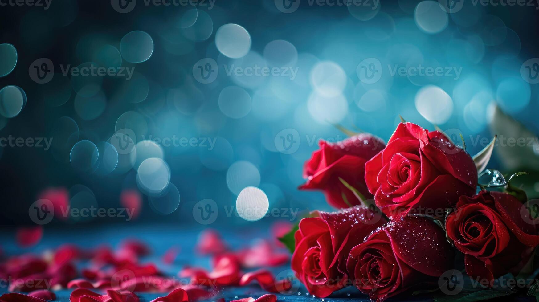 ai generado arreglo de rojo rosas con pétalos siguiente a ellos en un azul superficie en contra un bokeh antecedentes foto