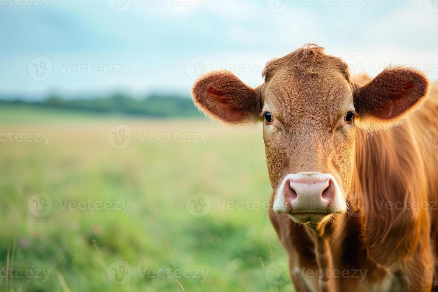 AI generated A close up of a brown calf with a white snout standing in a lush green field during sunset photo