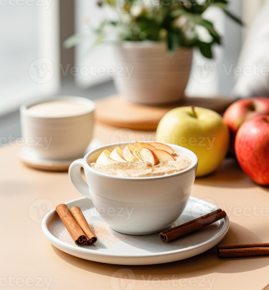AI generated Apple cinnamon oatmeal in a mug on a saucer with cinnamon sticks and apples around it photo