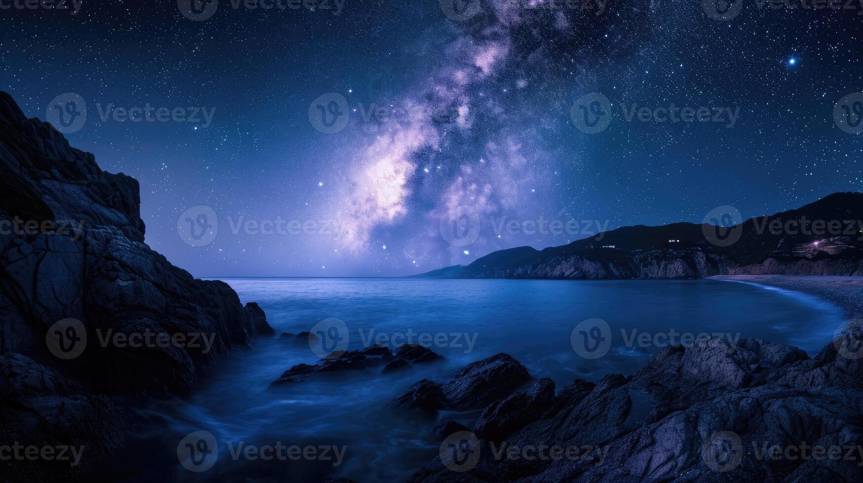 AI generated Milky Way galaxy over the ocean with rocky coastline in the foreground photo