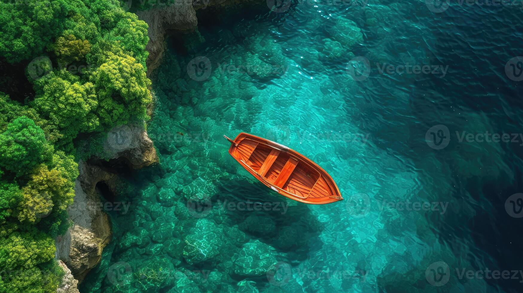 AI generated A wooden boat floats in the sea near the coast photo