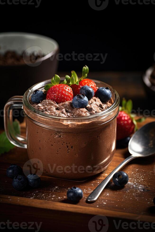 ai generado delicioso chocolate mousse con arándanos y fresas en un tarro foto