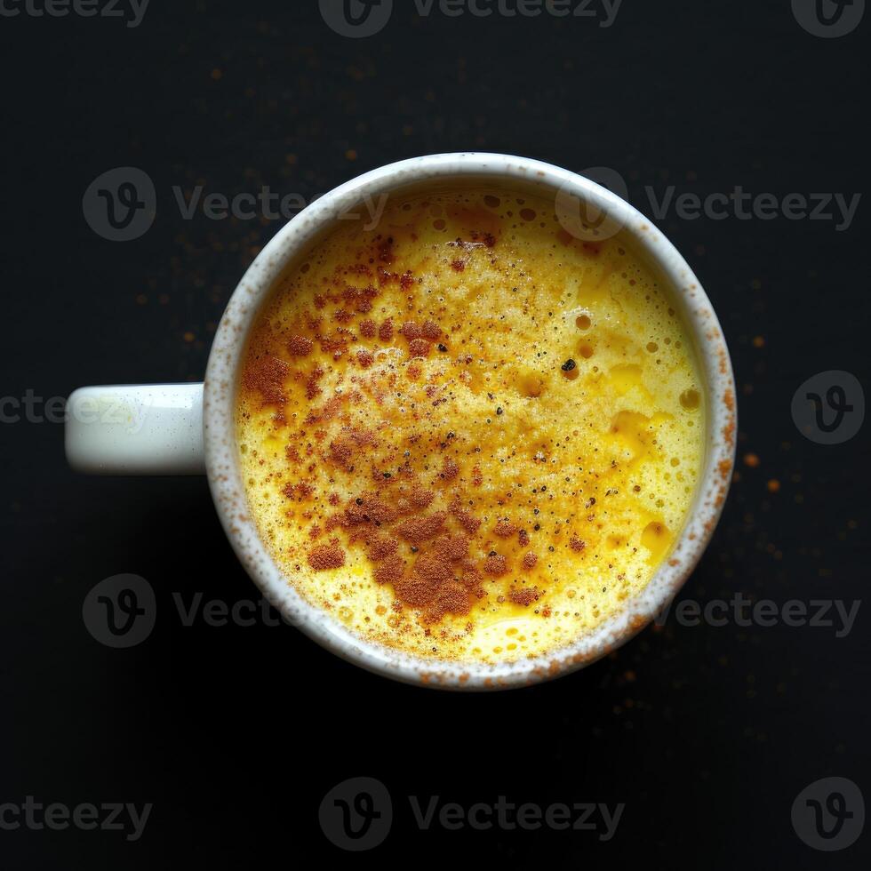 AI generated Top view of turmeric milk cake in a mug on a dark background photo