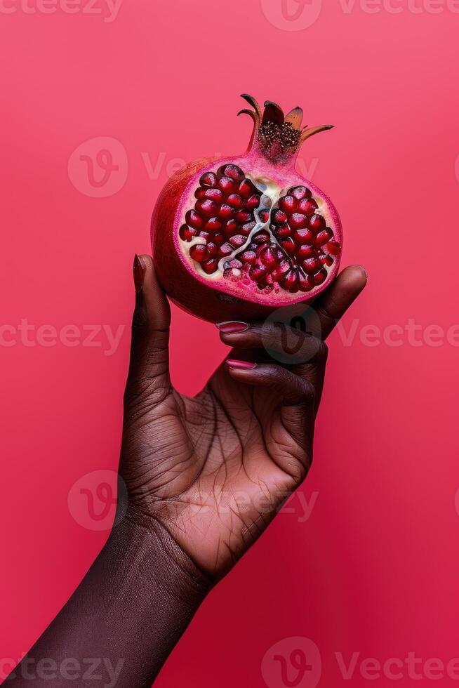 AI generated Hand holding half a pomegranate on a pink background photo