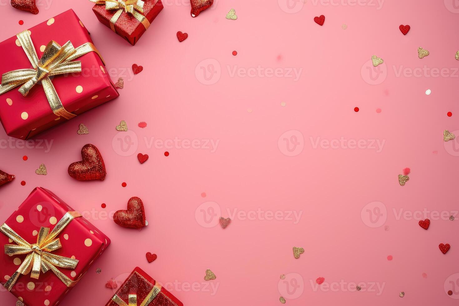 AI generated Red gifts with golden bows and lots of hearts around the gifts on a pink background photo