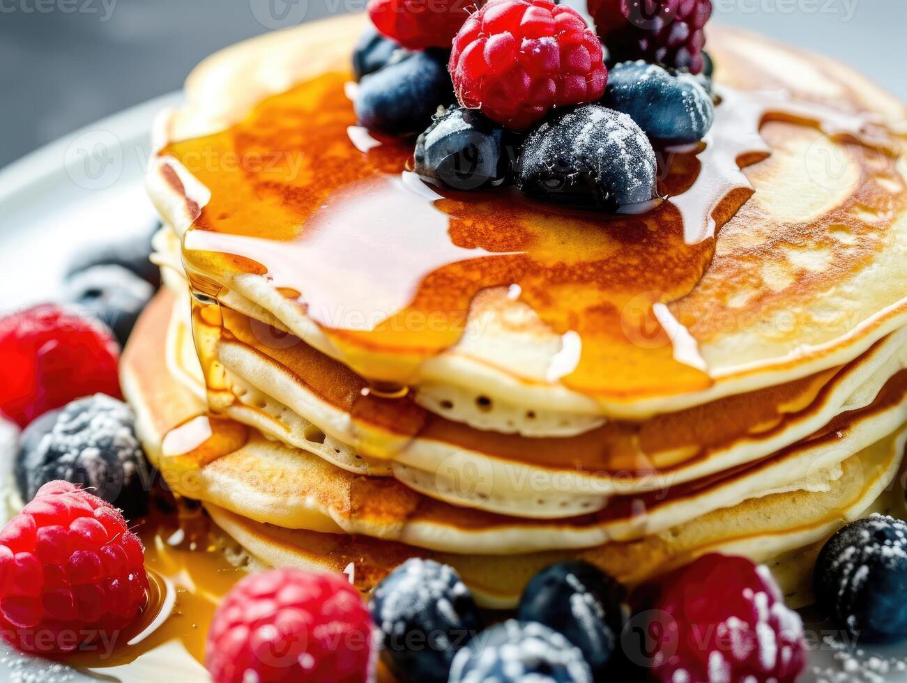 AI generated Stack of delicious pancakes topped with fresh blueberries, raspberries and maple syrup photo