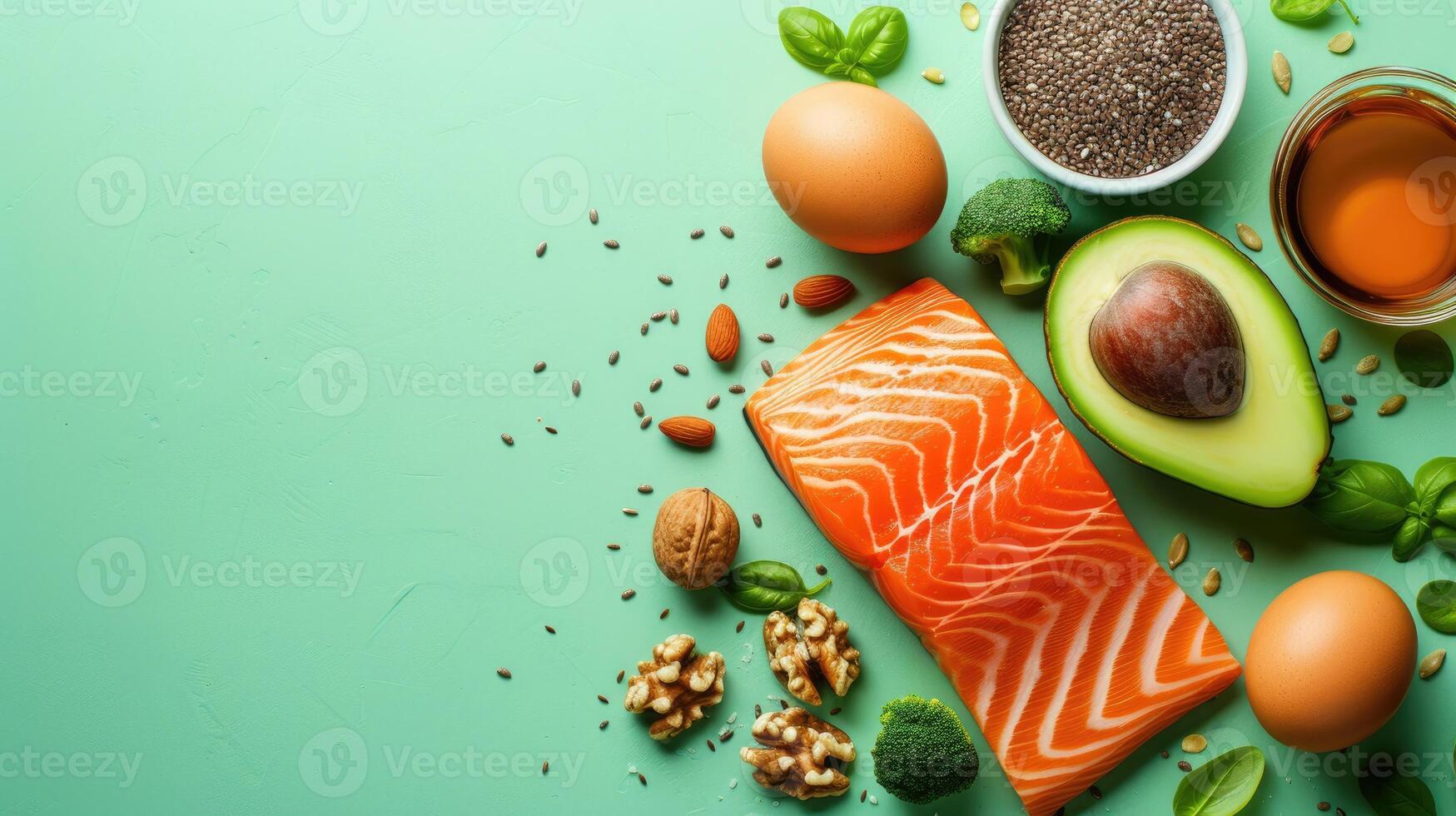 AI generated Salmon, avocado, egg, nuts, seeds, basil, broccoli on a light green background keto diet concept photo