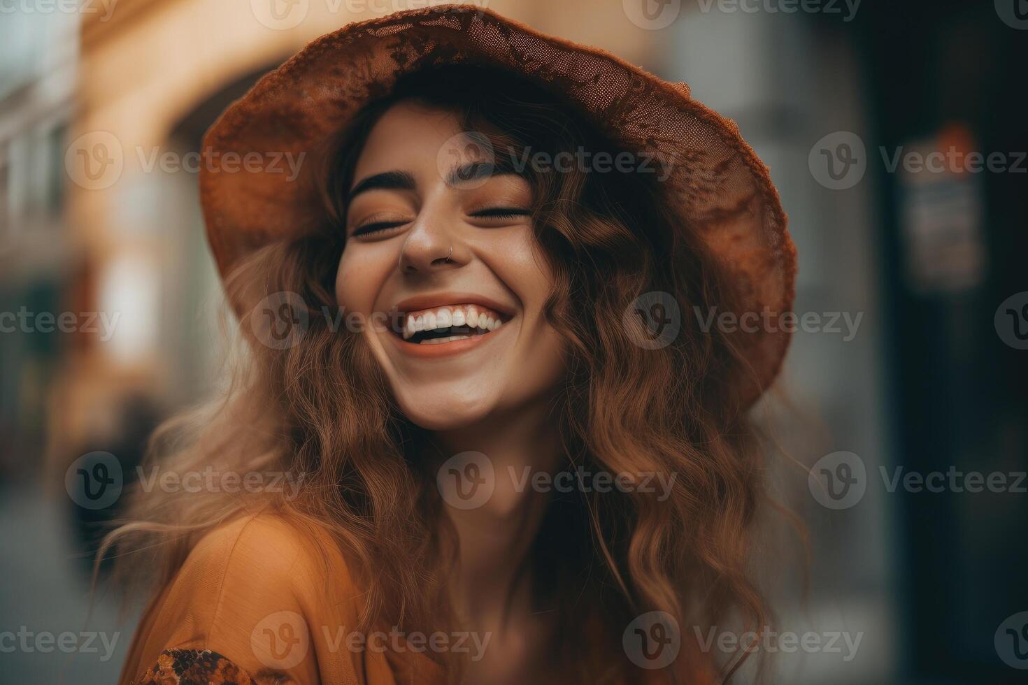 AI generated Happy smiling brown haired woman with nose piercing and a hat photo