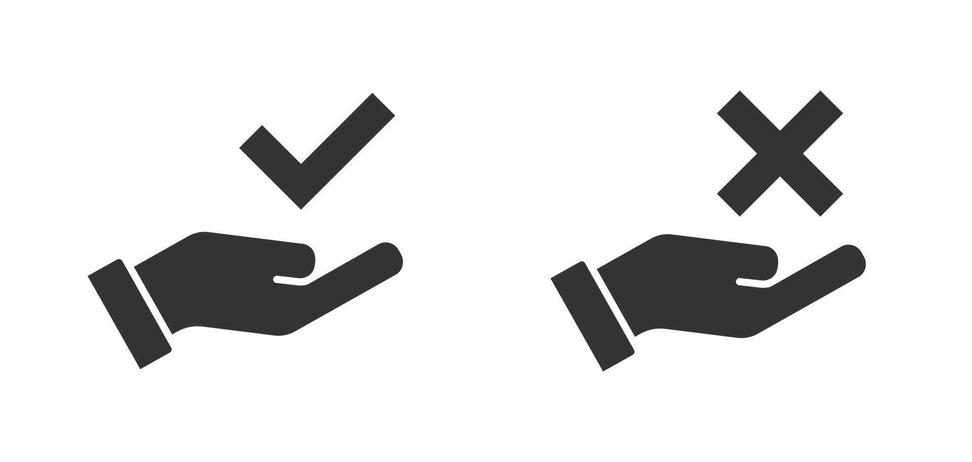 Checkmark on hand icon. Confirm and reject characters. Vector illustration.