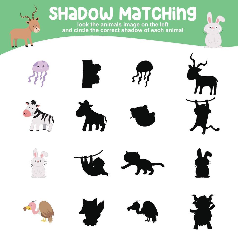 Look the animal image on the left and circle the correct shadow of each animal. Find the correct shadow vector