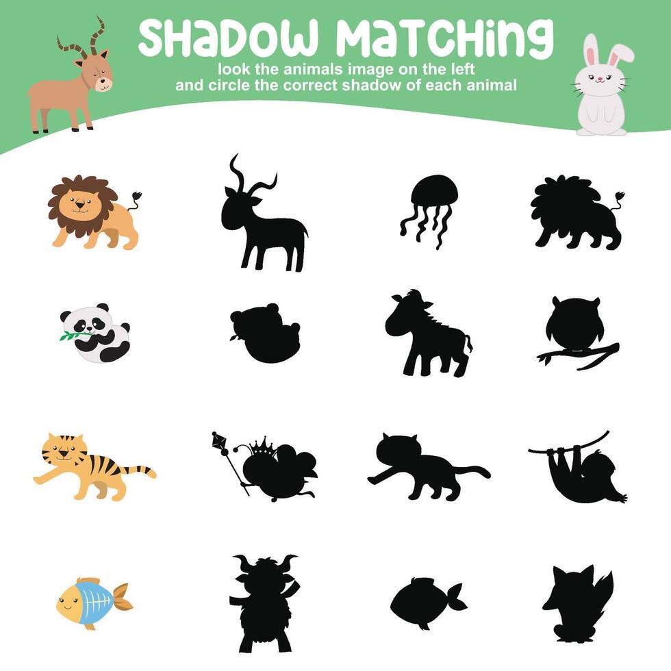 Look the animal image on the left and circle the correct shadow of each animal. Find the correct shadow vector