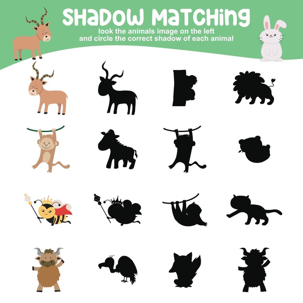 Mira el animal imagen en el izquierda y circulo el correcto sombra de cada animal. encontrar el correcto sombra vector
