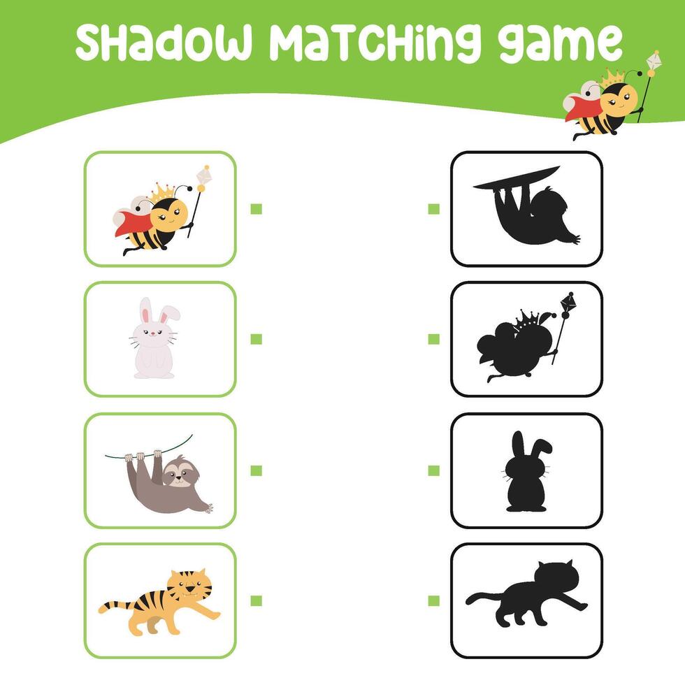 Matching shadow game for children. Find the correct shadow. Worksheet for kid. Printable activity page for kids. Learning Game vector
